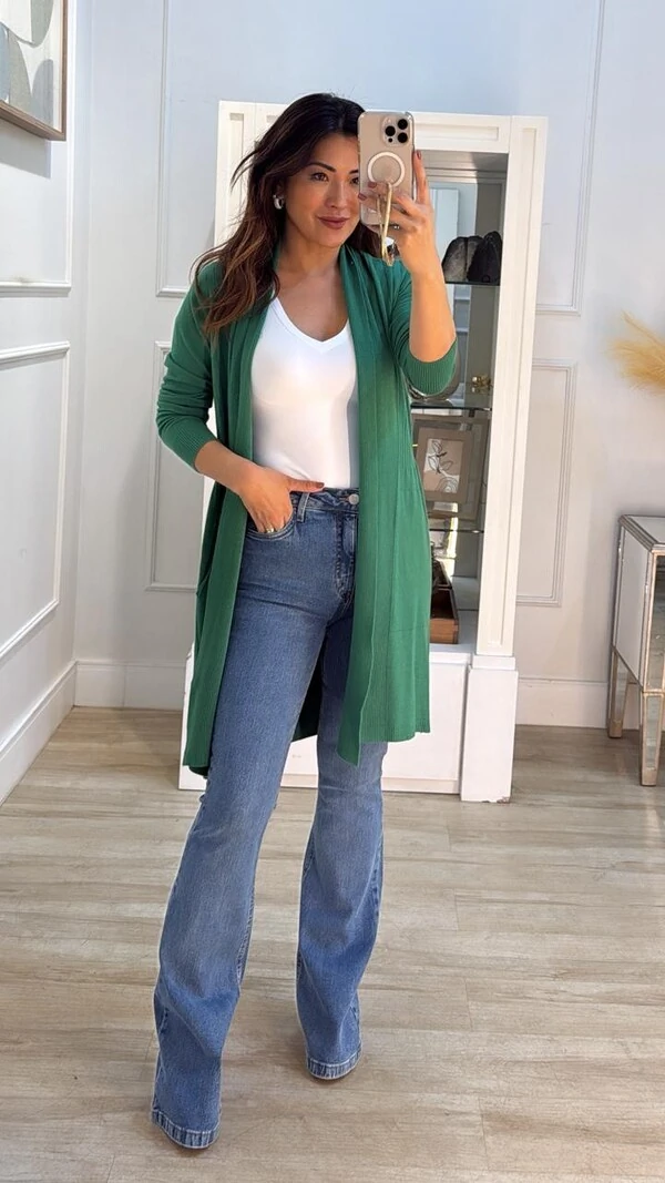 Maxi Cardigan Tricot Denise Bolsos E Nervuras Caneladas Frontais