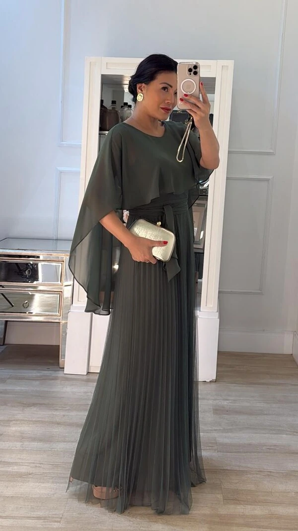 Vestido Longo Mangas Em Echarpe Vivi Saia Plissada Em Tule