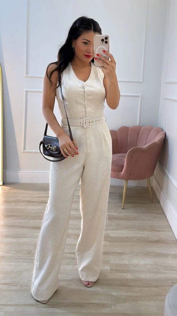 Macacão Pantalona Viscose Com Linho Decote V Laís Cinto Forrado