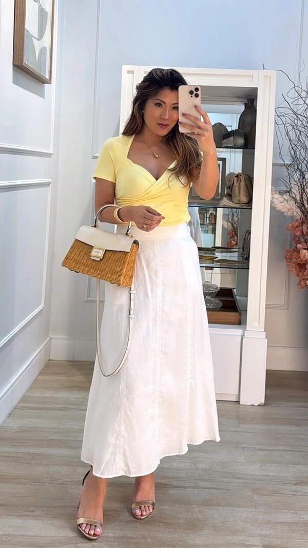 Saia Midi Linho Evasê Isabella Bolsos Frontais