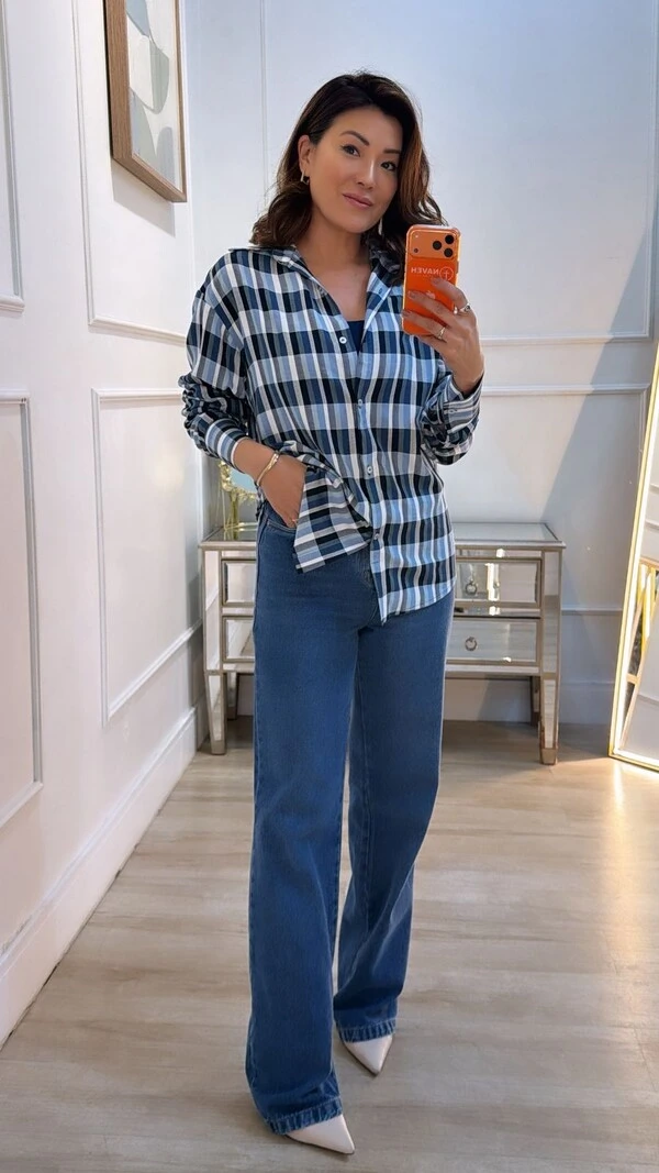 Camisa Xadrez Júlia Mangas Longas Punhos Largos