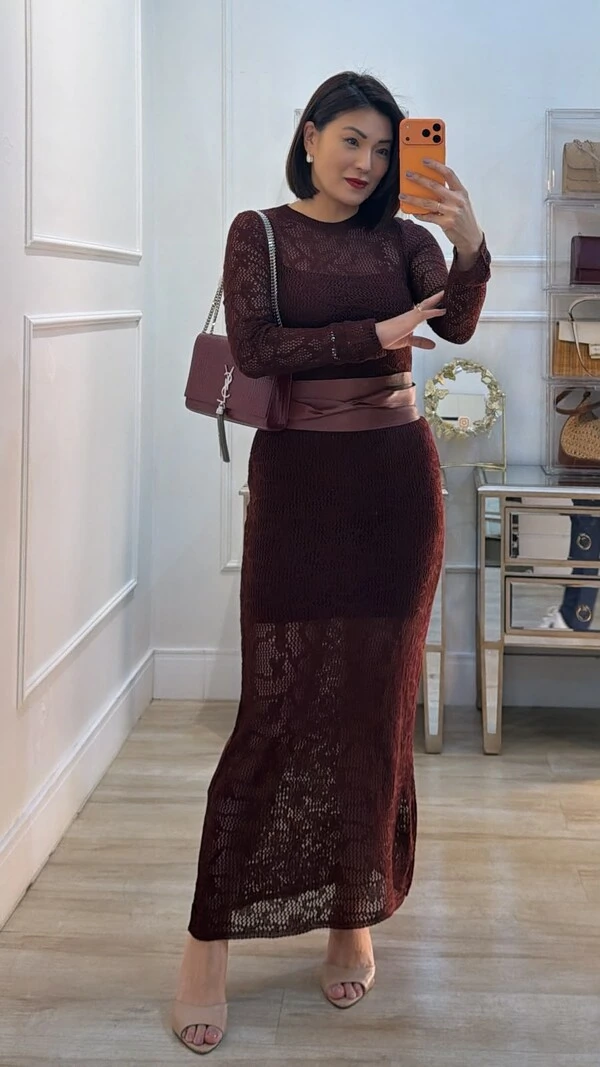 Vestido Longo Tricot Vazado Maya Mangas Longas