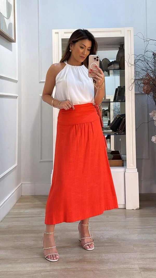 Saia Midi Evasê Penélope Pala Larga Com Franzidos Laterais