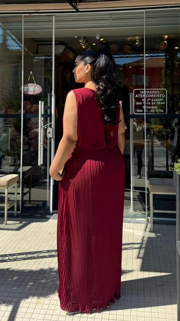 Vestido Longo Blusado Crepe Decote Canoa Com Detalhe Franzido Grace Saia Plissada