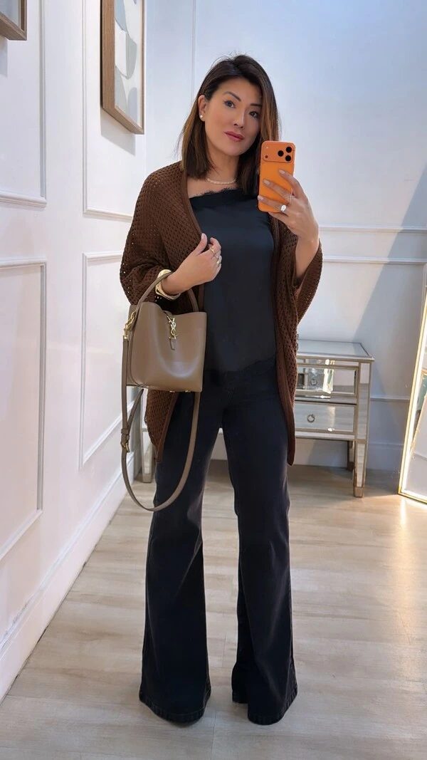 Kimono Tricot Vazado Ashley Mangas 3/4 Punhos Canelados