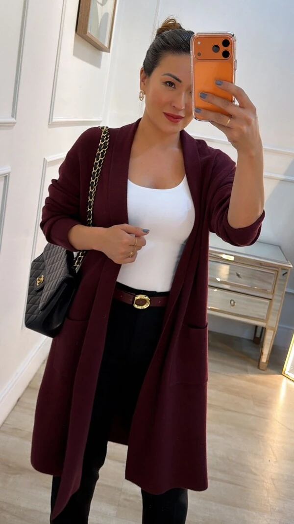 Maxi Cardigan Tricot Eliana Bolsos Quadrados Frontais