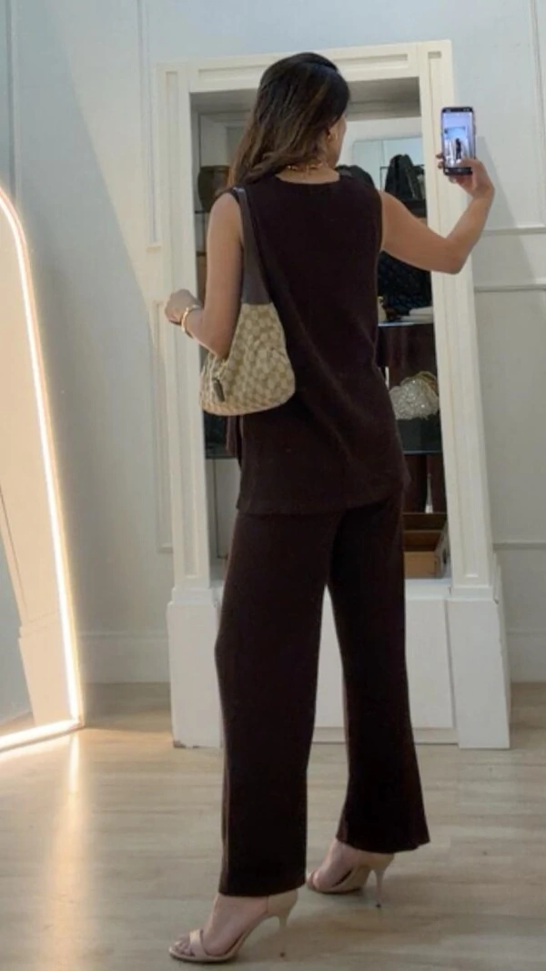 Conjunto Tricot Maithe Blusa Regata Alongada E Calça Pantalona