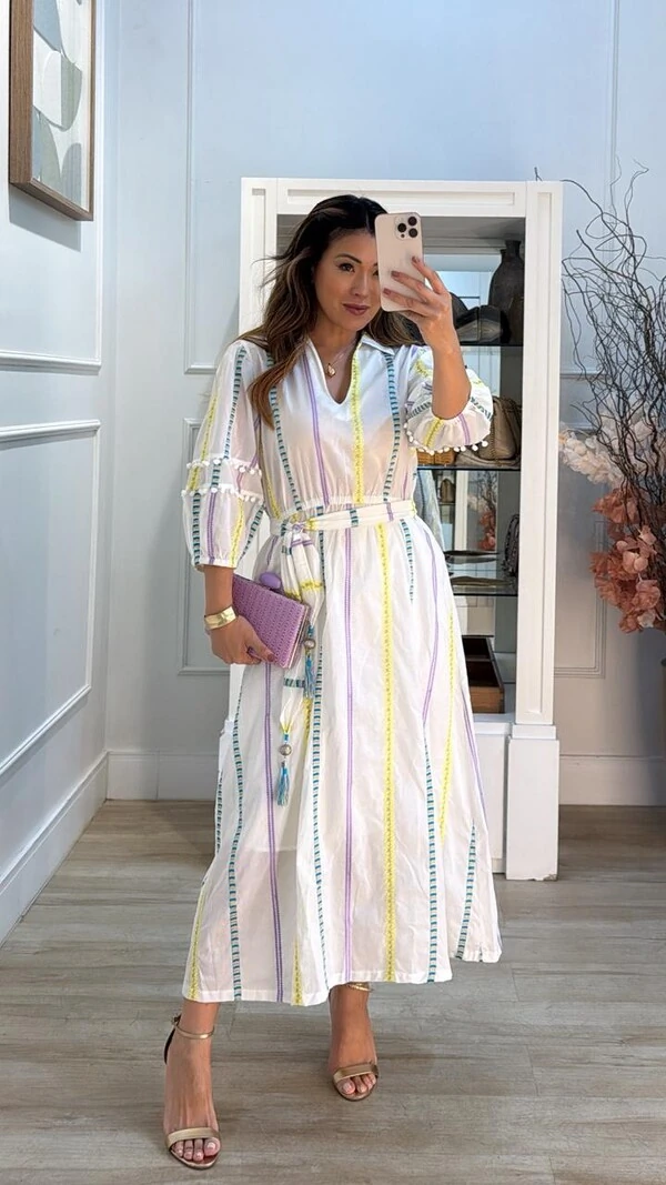 Vestido Midi Bordado Com Fio De Lurex Ingrid Cinto Faixa Com Tassel