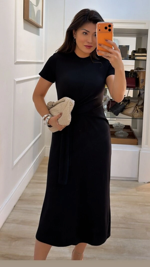 Vestido Midi Malha Aysha Cinto Faixa Fixo Com Amarração