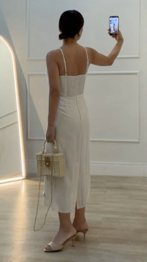 Vestido Midi Viscose Com Linho Eduarda Fenda Posterior