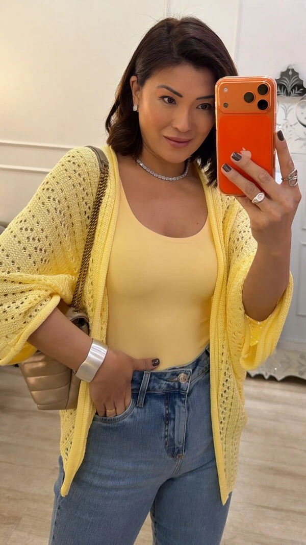 PRÉ-VENDA DATA ESTIMADA DE ENVIO DIA 10/10 Kimono Tricot Vazado Fabi Mangas 3/4