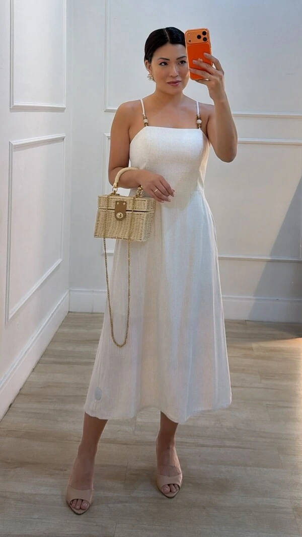 Vestido Midi Viscose Com Linho Eduarda Fenda Posterior