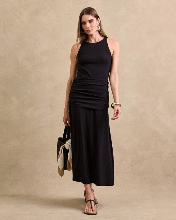 Vestido Midi Cavado Canelado Pamela Detalhe Drapeado