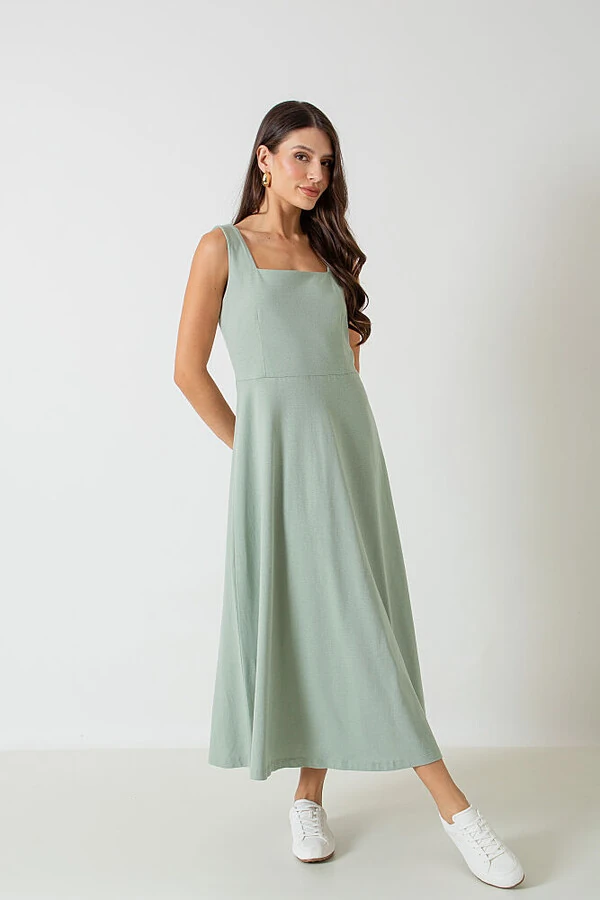 Vestido Midi Decote Reto Barbara Alças Largas