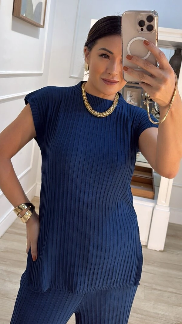 Conjunto Tricot Nervuras Caneladas Roberta Blusa E Calça Pantalona