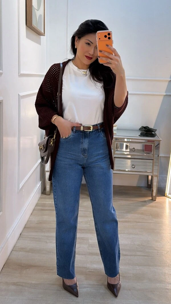 Kimono Tricot Vazado Ashley Mangas 3/4 Punhos Canelados