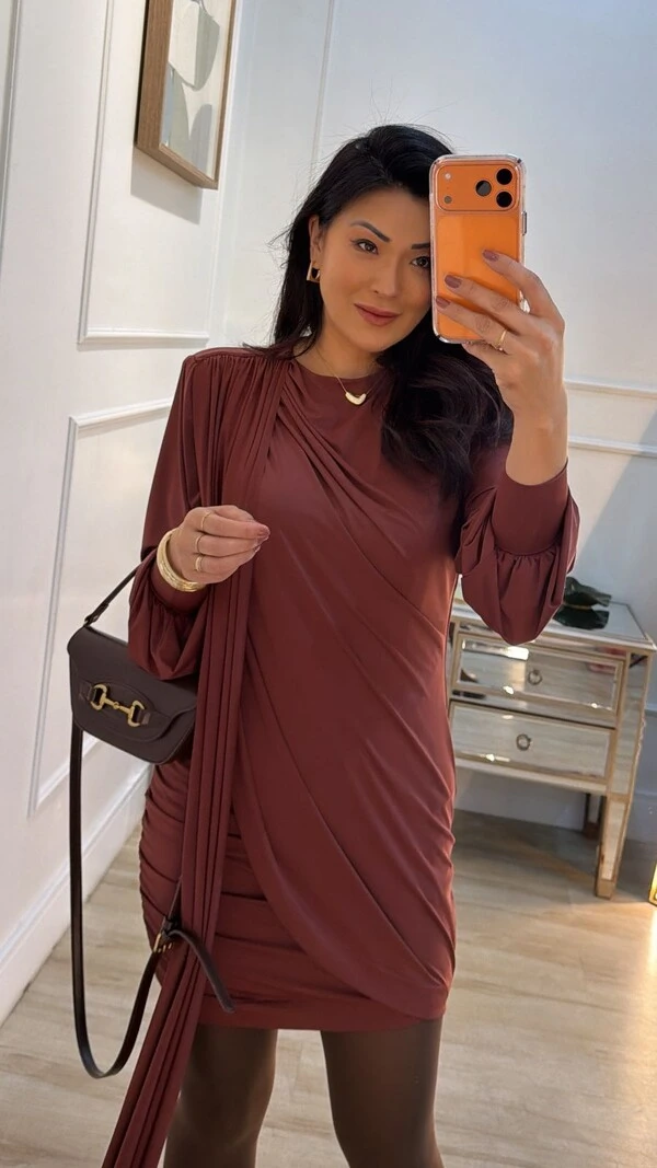 Vestido Curto Drapeado Mariana Mangas Longas Bufantes