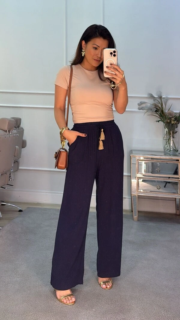 Calça Pantalona Teresa Amarração Com Tassel Nas Pontas