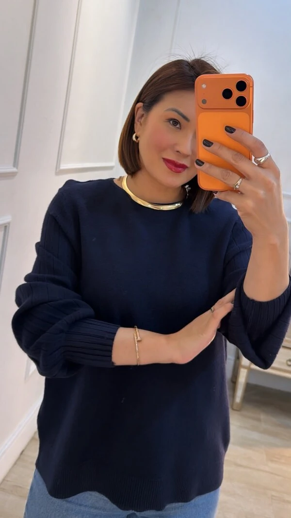 Blusa Tricot Thalita Mangas Bufantes Com Nervuras Caneladas