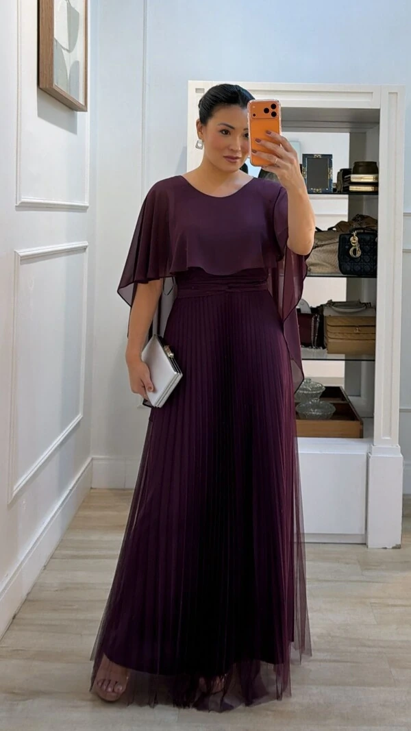 Vestido Longo Mangas Em Echarpe Vivi Saia Plissada Em Tule