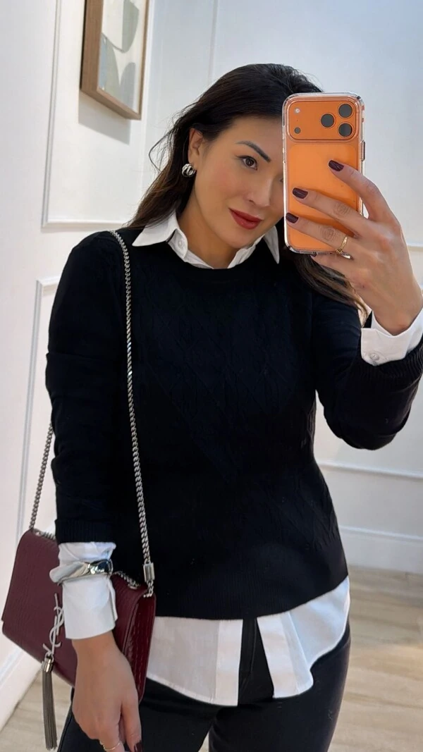 Blusa Tricot Luana Losangos Em Relevo E Trançados Frontais