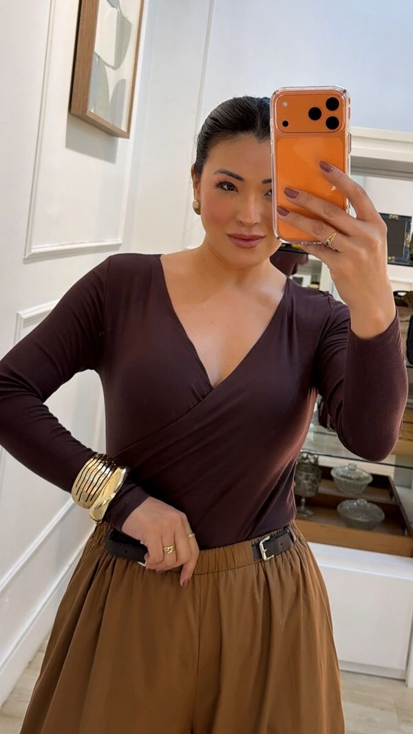 Blusa De Malha Decote V Transpassado Lina Mangas Longas