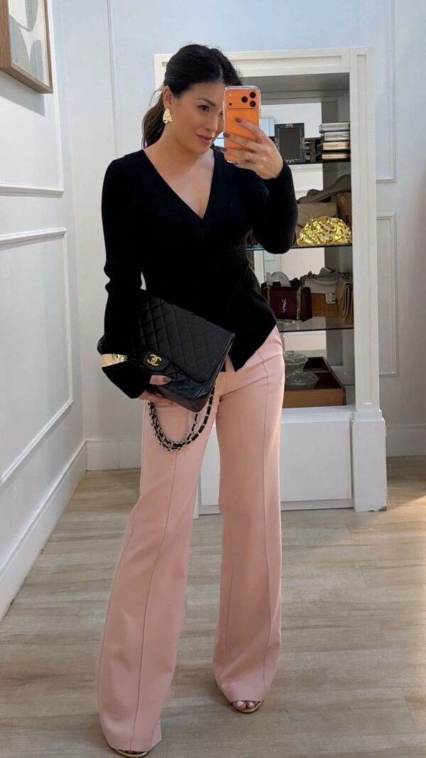 Blusa Tricot Modal Decote V Transpassado Flavia Barrado Assimétrico