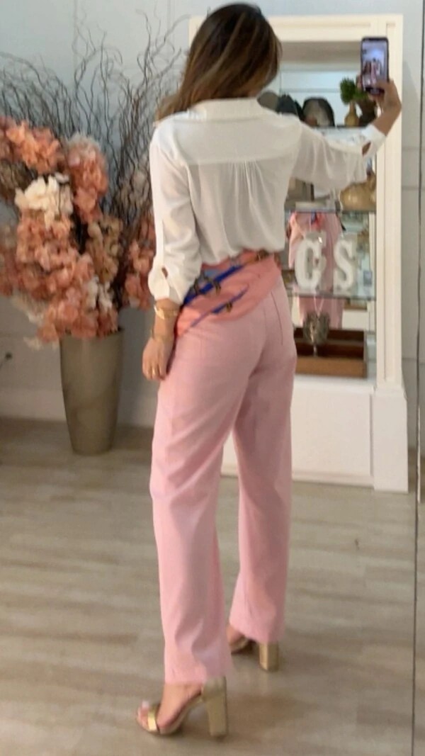 Calça Reta Viscose Com Linho Pala Larga Natasha Botão Resinado