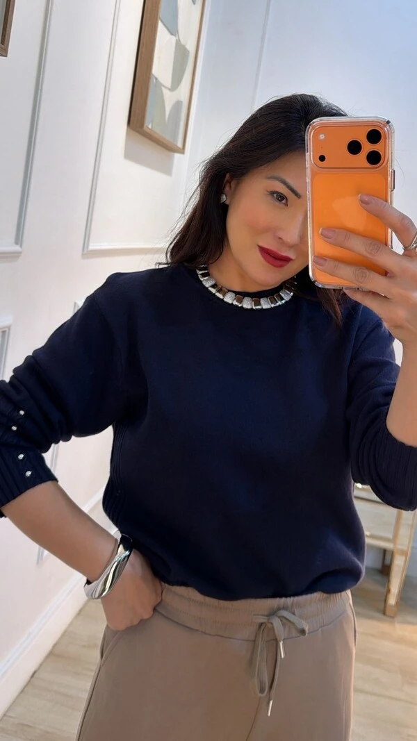 Blusa Tricot Ivy Detalhe Trançado Pérola Prata Nos Punhos