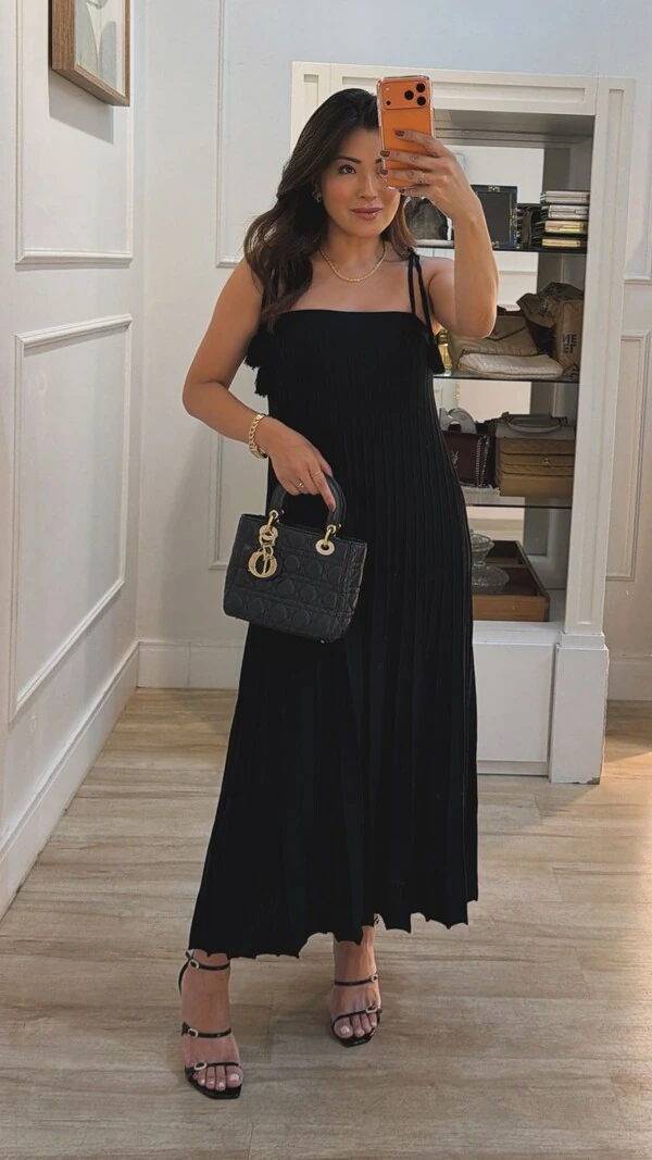 Vestido Tricot Midi Decote Reto Kate Amarração Nos Ombros