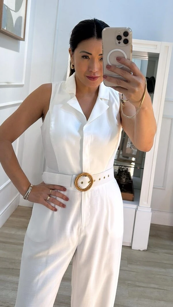 Macacão Pantalona Frente Única Simone Cinto Redondo Detalhado