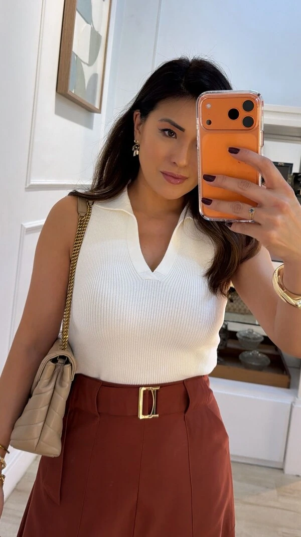 Camisa Polo Texturizada Gabriela Mangas Detalhe Dobrado