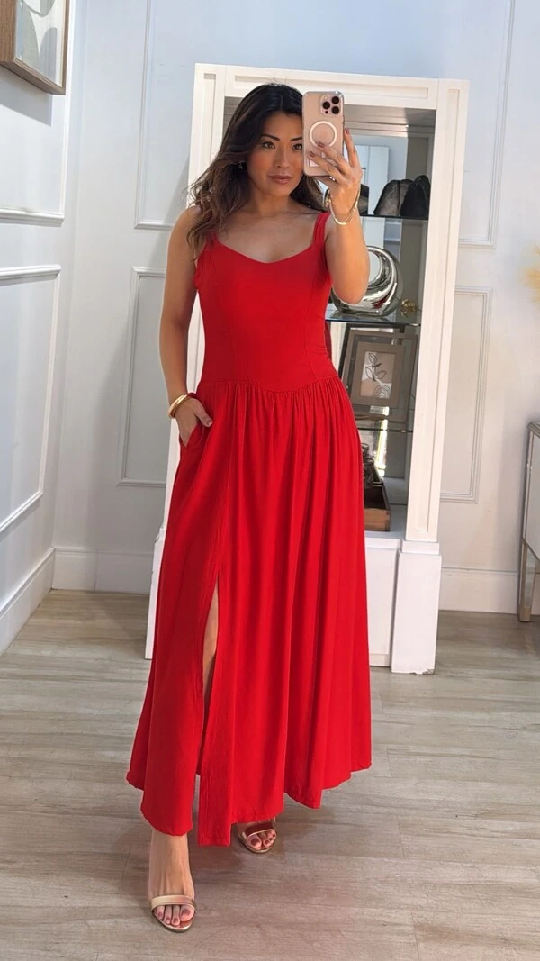 Vestido Longo Ana Decote Coração E Fenda Frontal