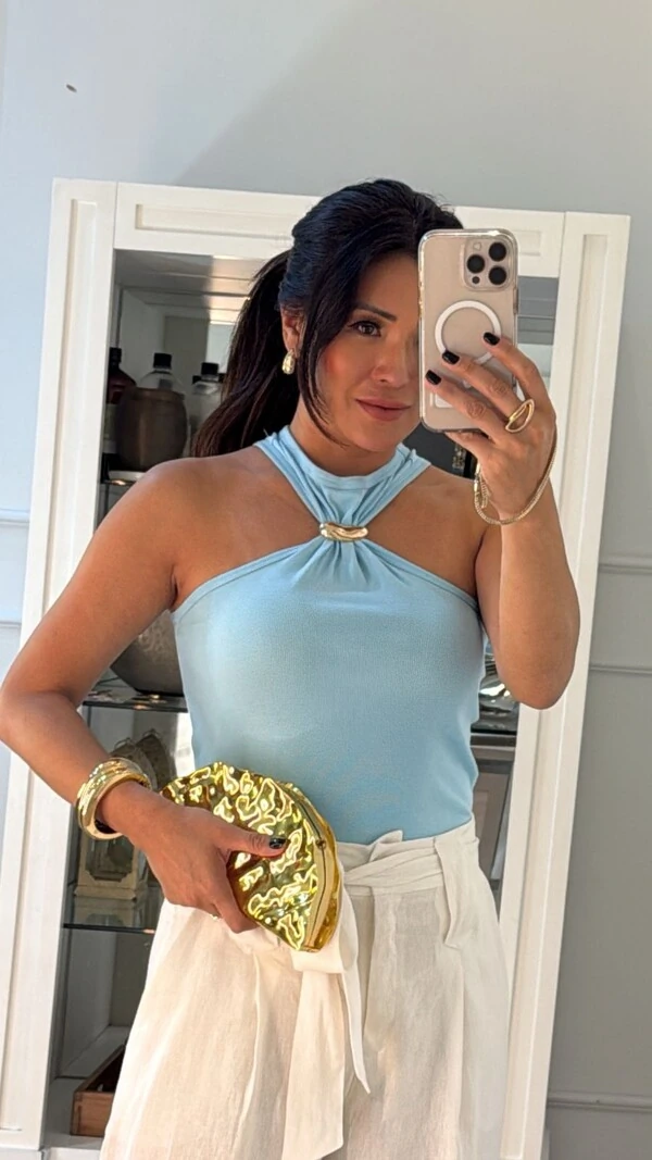 Blusa Regata Cavada Canelada Karina Detalhe Fivela Dourada Frontal
