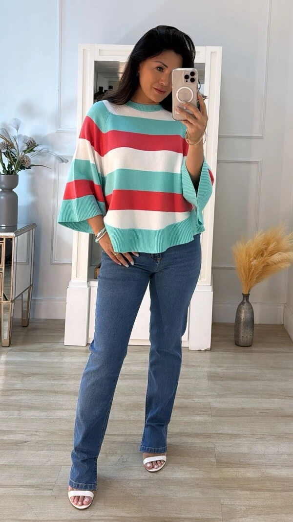 Poncho Tricolor Listrado Cindy Mangas Amplas