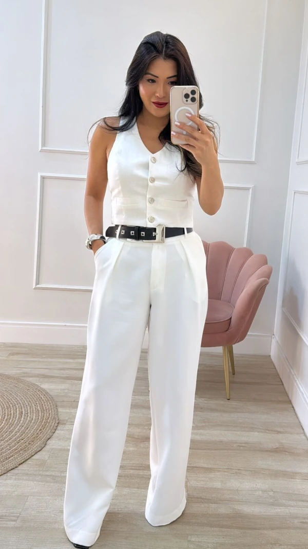 Calça Pantalona Pregas Frontais Eduarda Pala Transpassada