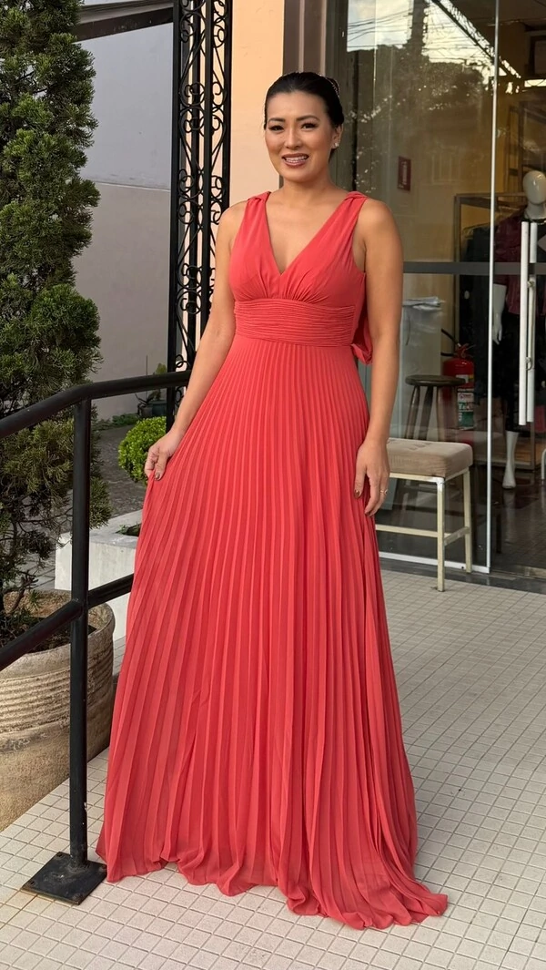 Vestido Longo Decote V Soraya Recorte Vazado Posterior Com Amarração