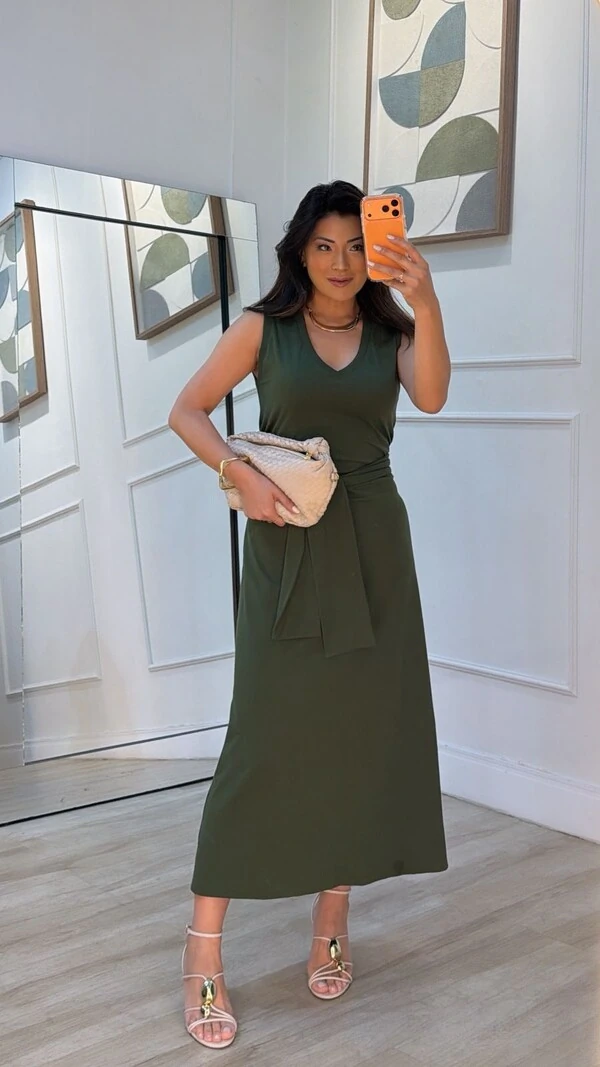 Vestido Longo Malha Decote V Marcela Cinto Faixa Fixo Com Amarração