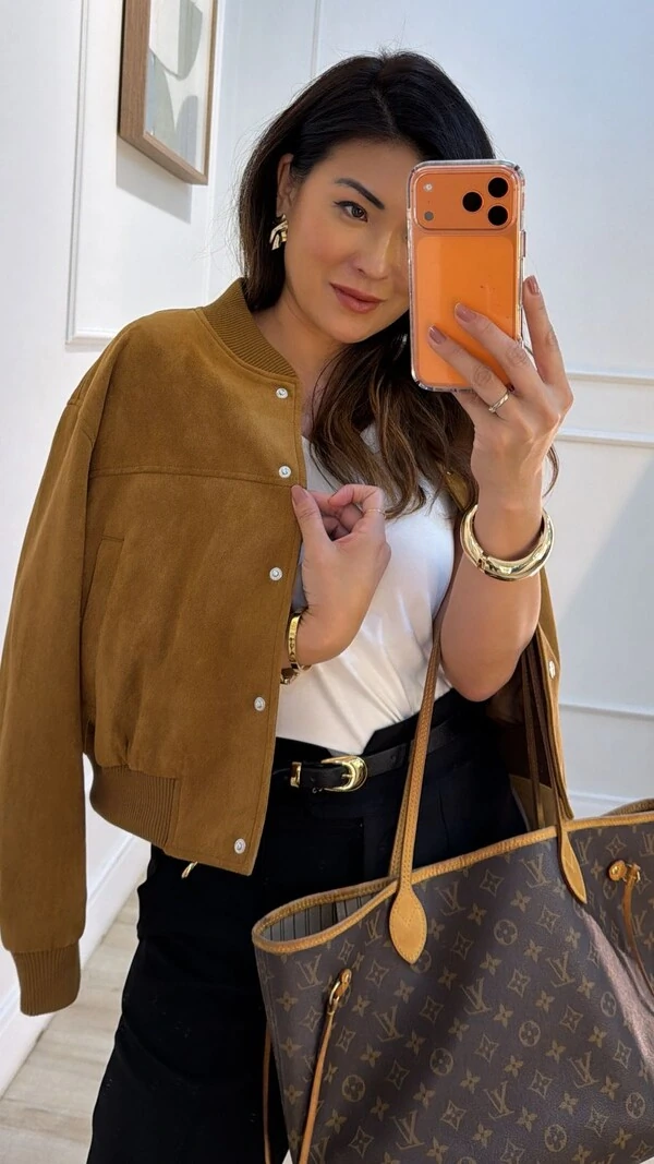 Jaqueta Casaco Bomber Suede Bianca Com Botões De Pressão