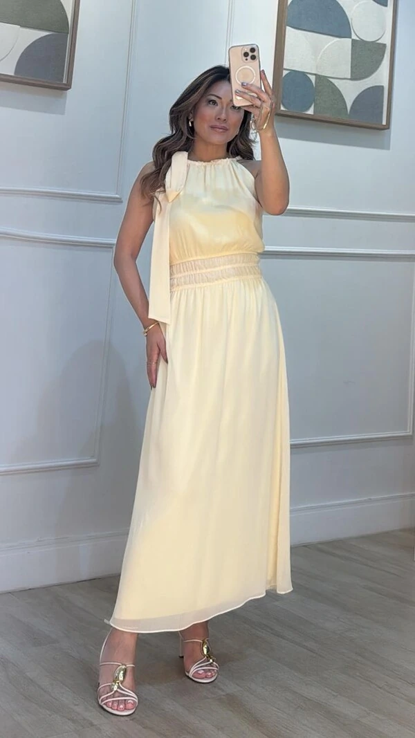 Vestido Midi Chiffon Isis Lástex Largo Na Cintura