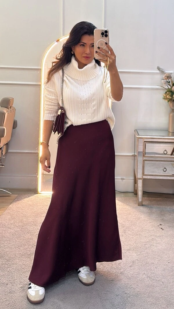 Blusa Tricot Priscilla Gola Rolê E Mangas Com Tramas Triplas