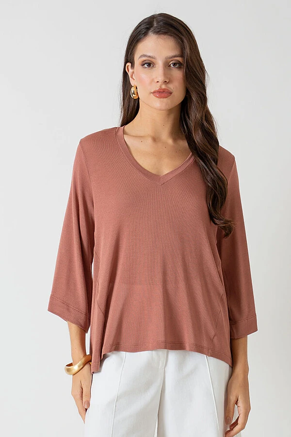 Blusa Ampla Decote V Thayna Mangas 7/8 Evasê