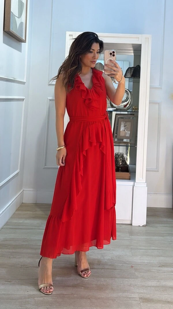 Vestido Longuete Crepe Decote V Com Babado Amanda Cinto Faixa