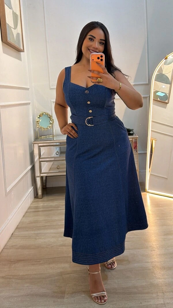 Vestido Midi Decote Coração Evelyn Cinto Faixa Pespontado