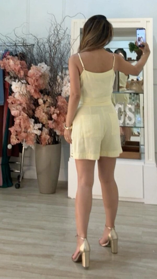 Shorts Twill Barrado Bordado Greta Cinto Fino Ponteiras Resinadas