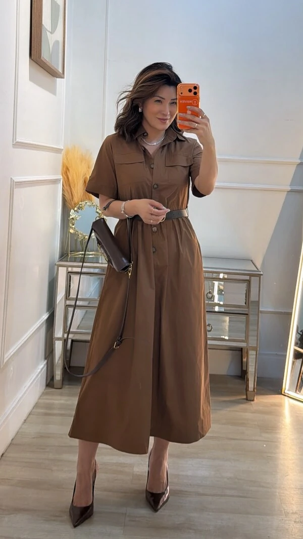 Vestido Chemise Mangas 3/4 Maju Cinto De Couro Eco