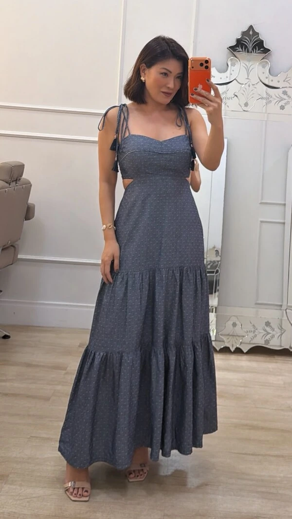 Vestido Midi Poá Bordado Sandy Com Amarração Nos Ombros