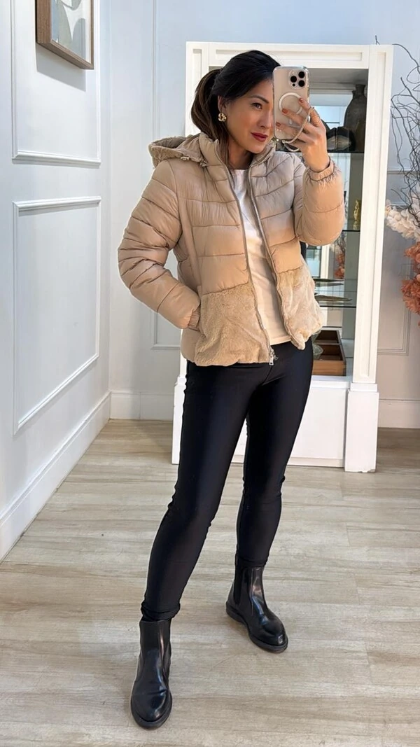 Jaqueta Nylon Capuz Removível Hellen Gola E Barrado Teddy