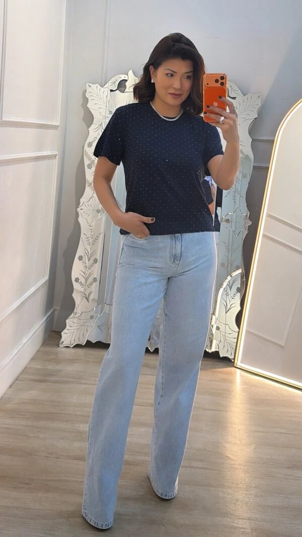Camiseta De Malha Shine Com Strass Hotfix