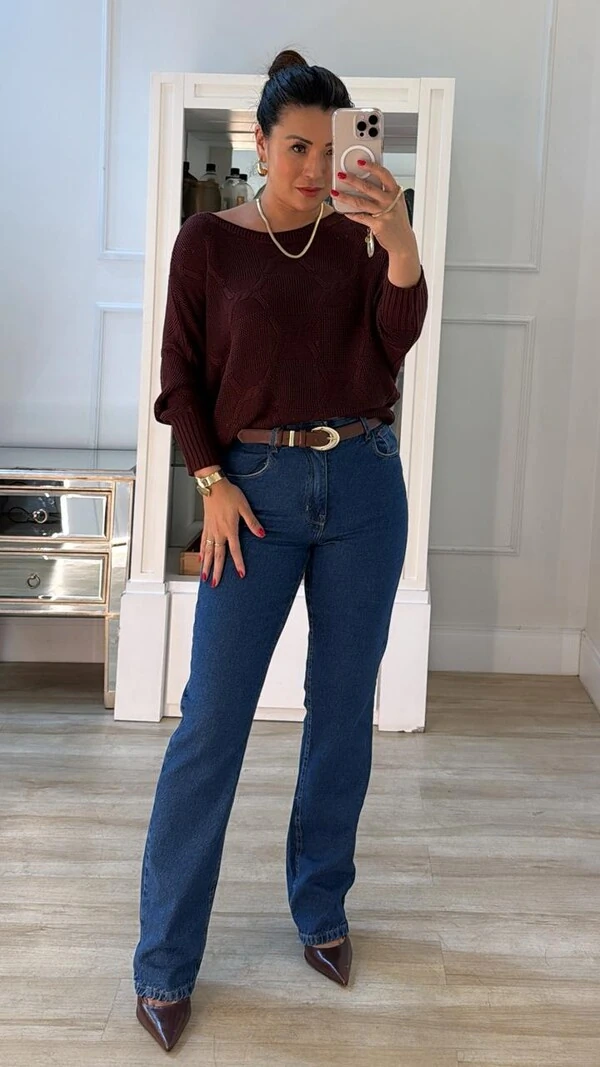 Blusa Morcego Tricot Nádia Punhos Largos Canelados